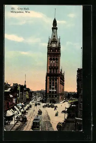 AK Milwaukee /Wis., City Hall, Strassenbahn