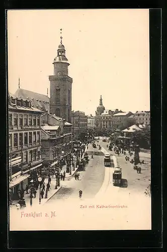 AK Frankfurt a. M., Zeil mit Katharinenkirche und Strassenbahnen