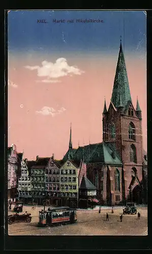 AK Kiel, Markt mit Nikolaikirche, Strassenbahn