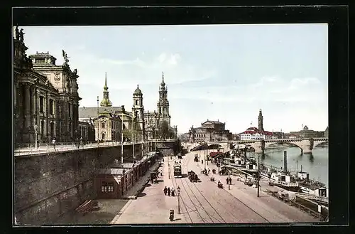 AK Dresden, Dampfschiff-Landeplatz und Strassenbahn