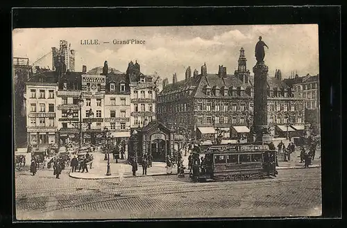 AK Lille, Grande Place, Strassenbahn