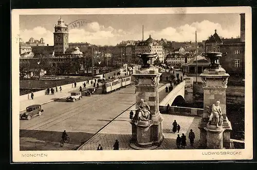 AK München, Ludwigsbrücke mit Strassenbahn