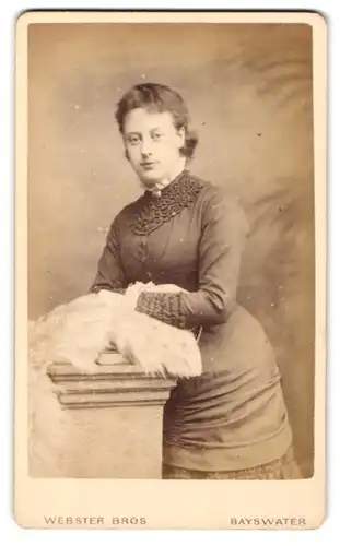 Fotografie Webster Bros, Bayswater, 4, Porchester Road, Junge Frau im Kleid lehnt an Fell