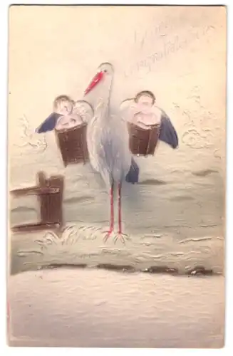 Präge-Airbrush-AK Storch bringt Zwillinge
