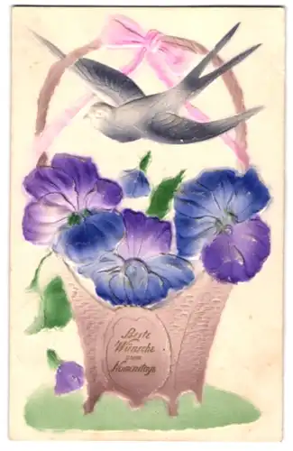 Präge-Airbrush-AK Schwalbe bringt Glückwünsche zum Namenstag