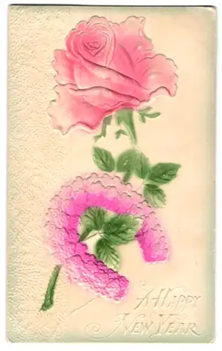 Präge-Airbrush-AK A happy new year, Rose und Blumenhufeisen