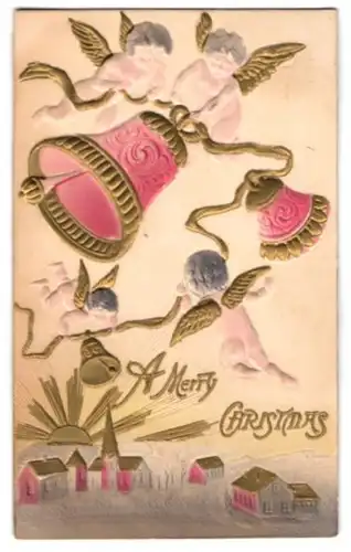 Präge-Airbrush-AK Engelchen läuten die Weihnachtsglocken