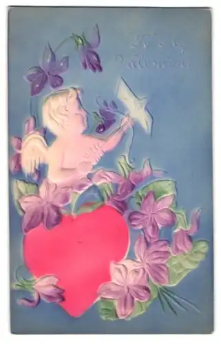 Präge-Airbrush-AK To my Valentine, Amor mit Herz und Veilchen