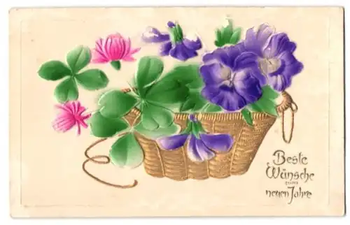 Präge-Airbrush-AK Neujahrsgrüsse mit Klee und Stiefmütterchen