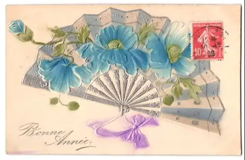 Präge-Airbrush-AK Fächer mit Blumen, Neujahrsgruss