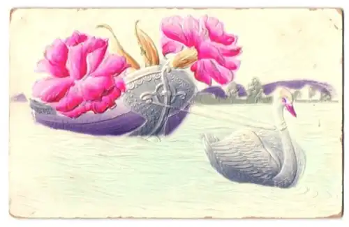 Präge-Airbrush-AK Schwan zieht ein Boot mit riesigen Blüten