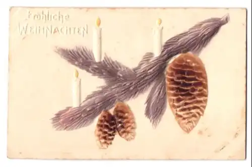 Präge-Airbrush-AK Weihnachtsgruss mit Kerzen am Baum