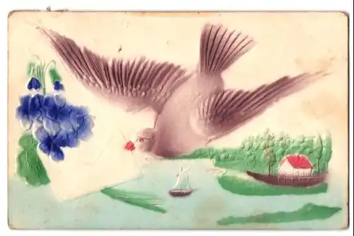 Präge-Airbrush-AK Taube mit Brief im Schnabel