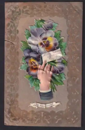 Zelluloid-AK Zarte Frauenhand mit Gruss und Stiefmütterchen