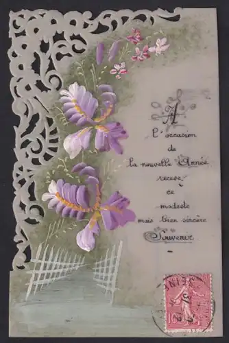 Zelluloid-AK Gruss mit violetten Blumen