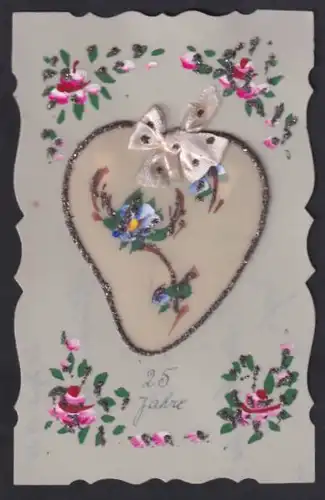 Zelluloid-AK Herz mit rosa Schleife und Blumen