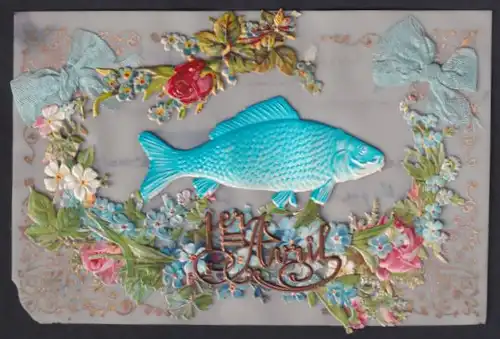 Zelluloid-AK 1er Avril, Blauer Fisch und Blumen zum 1. April