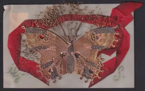 Zelluloid-AK Schmetterling von roter Schleife gerahmt