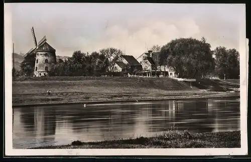 Fotografie Brück & Sohn Meissen, Ansicht Gohlis / Elbe, Partie an der Golhliser Windmühle mit Gasthaus