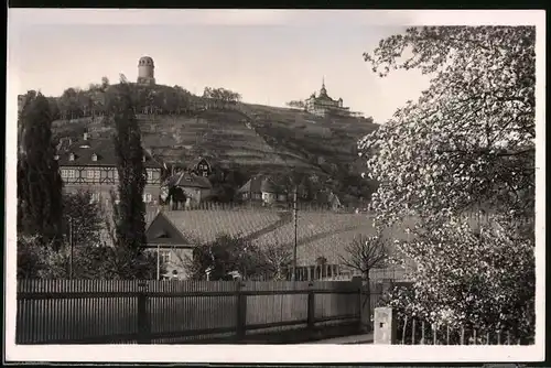 Fotografie Brück & Sohn Meissen, Ansicht Radebeul, Blick aus dem Ort zum Spitzhaus mit dem Bismarckturm