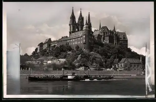 Fotografie Brück & Sohn Meissen, Ansicht Meissen i. Sa., Elbe Raddampfer  Lausitz  vor der Albrechtsburg