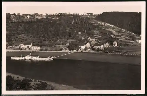 Fotografie Brück & Sohn Meissen, Ansicht Diesbar-Löbsal, Raddampfer mit Blick auf den Ort