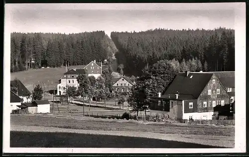 Fotografie Brück & Sohn Meissen, Ansicht Steinbach b. Johanngeorgenstadt, Blick in den Ort mit alten Haus von 1804