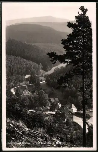 Fotografie Brück & Sohn Meissen, Ansicht Blauenthal, Blick in den Ort mit Auersberg