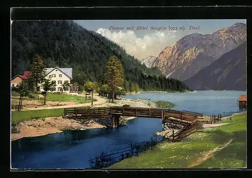 AK Plansee, Gebirgspanorama mit Hotel Seespitz und See