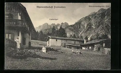 AK Telfes, Alpenwirtschaft Frohneben mit Kalkkögel und Marchreisenspitze