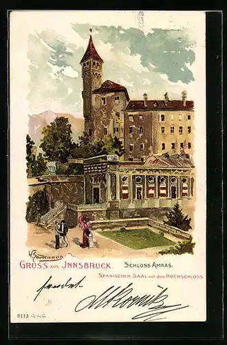 Lithographie Innsbruck, Schloss Amras, Spanischer Saal mit Hochschloss