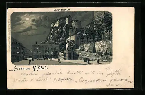 Mondschein-Lithographie Kufstein, Oberer Stadtplatz mit Spaziergängern