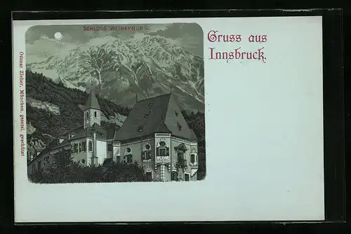 Mondschein-Lithographie Innsbruck, Gebirgskulisse mit Kirche