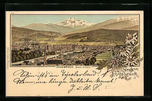 Lithographie Innsbruck, Ortsansicht nach Süden