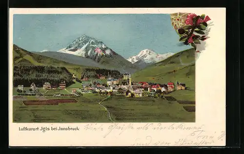 Lithographie Igls bei Innsbruck, Ortsansicht mit Bergpanorama