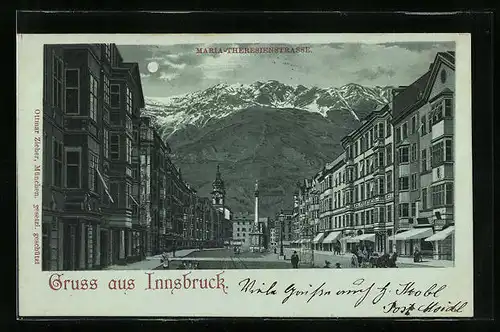 Mondschein-Lithographie Innsbruck, Strassenpartie mit Passanten