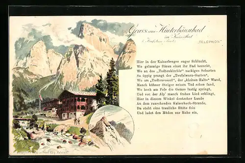Lithographie Hinterbärenbad im Kaiserthal, Idyllische Bergkulisse mit Gasthof
