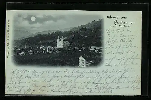 Mondschein-AK Hopfgarten, Ortsansicht im Vollmondlicht