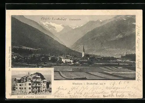 AK Mieders /Stubaital, Totalansicht und Hotel und Pension Lerchenhof