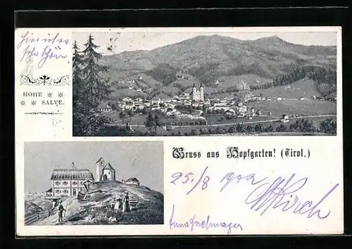 Lithographie Hopfgarten, Ortsansicht aus der Vogelschau und Hohe Salve