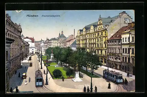 AK München, Strassenbahnen auf dem Promenadenplatz