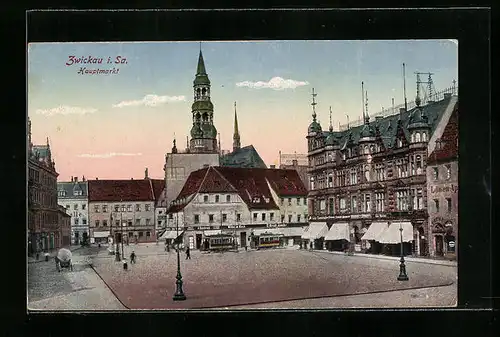 AK Zwickau i. Sa., Strassenbahn auf dem Hauptmarkt mit KIrche