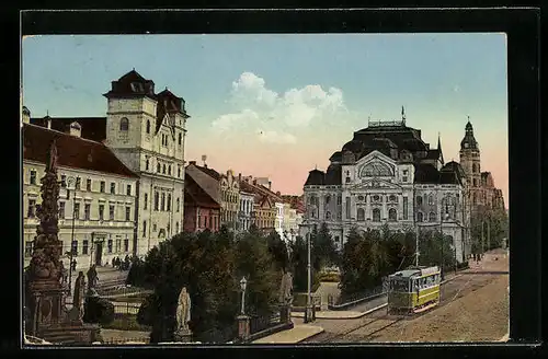 AK Kosice, Strassenbahn vor der Jesuitenkirche und dem Nationaltheater