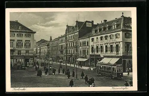 AK Karlsruhe, Strassenbahn in der Kaiserstrasse