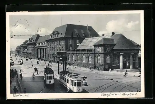 AK Dortmund, Strassenbahn vor dem Burgtor mit Hauptpost