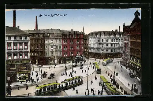 AK Berlin, Passanten und Strassenbahnen auf dem Spittelmarkt