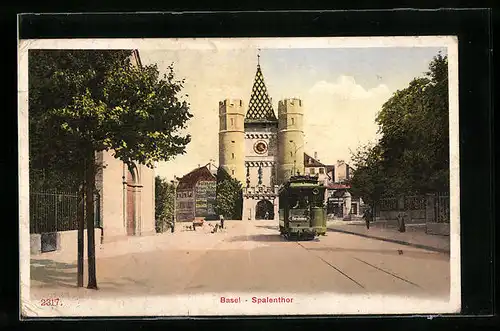AK Basel, Strassenbahn vor dem Spalenthor