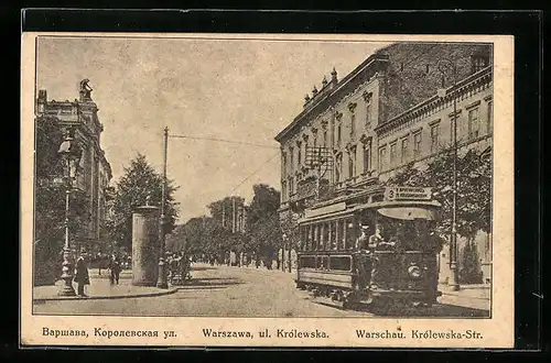 AK Warschau, Strassenbahn und Passanten auf der Krolewska-Strasse