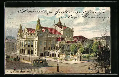 Lithographie Cöln, Strassenbahn vor dem Stadttheater