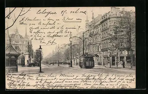 AK Cöln a. Rh., Strassenbahn vor Wohnhäusern auf dem Hohenzollernring